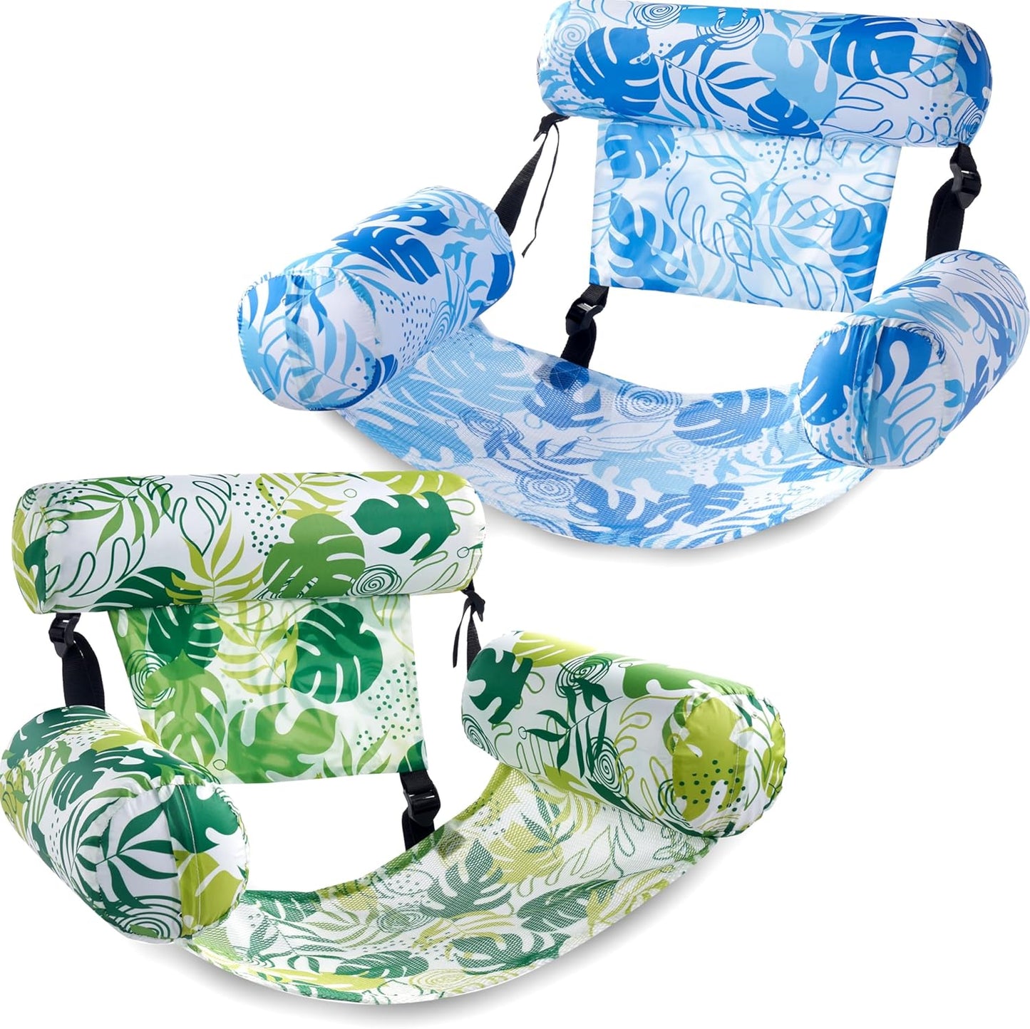 2-Pack Inflatable Pool Float Chairs, Fabric Covered Floating Lounge with Mesh Sling