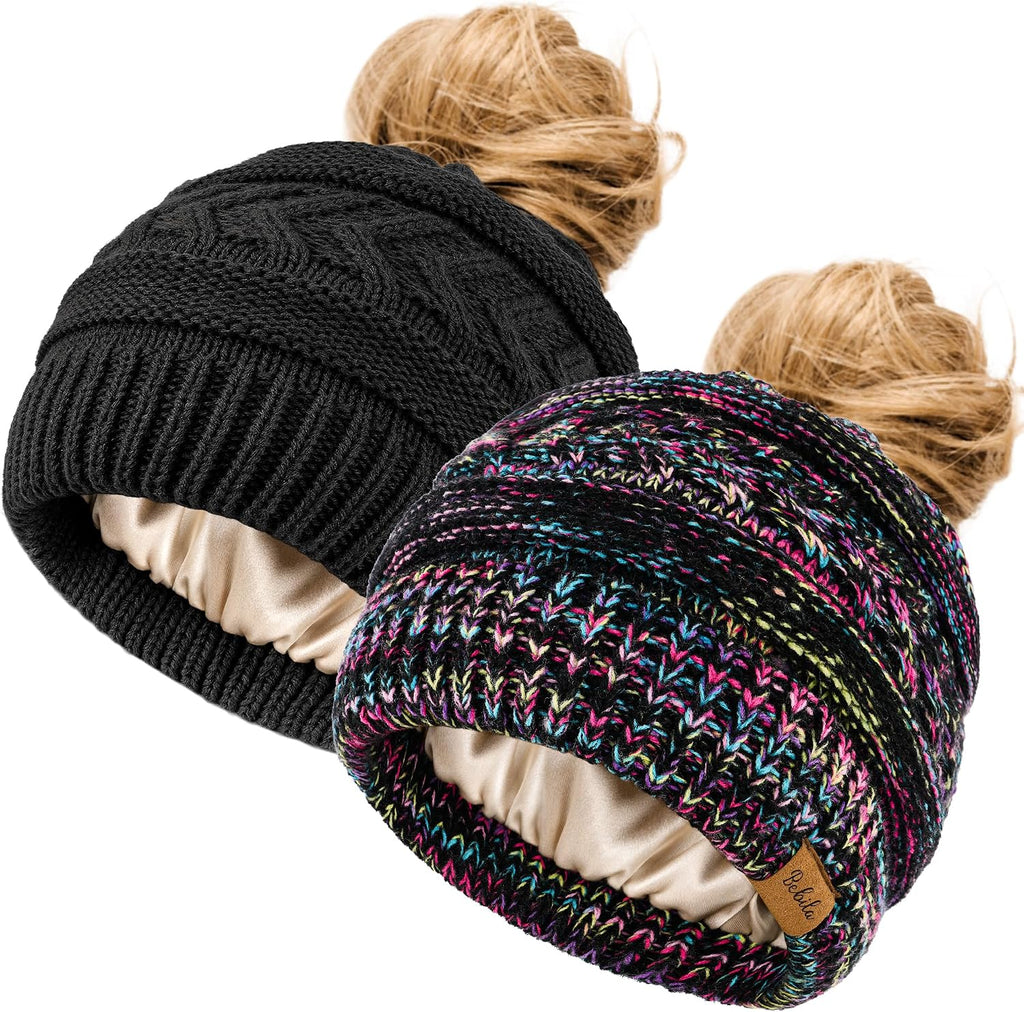 2Pcs Women's Ponytail Beanie, Satin Lined Winter Hat for Outdoor Activities