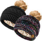 2Pcs Women's Ponytail Beanie, Satin Lined Winter Hat for Outdoor Activities