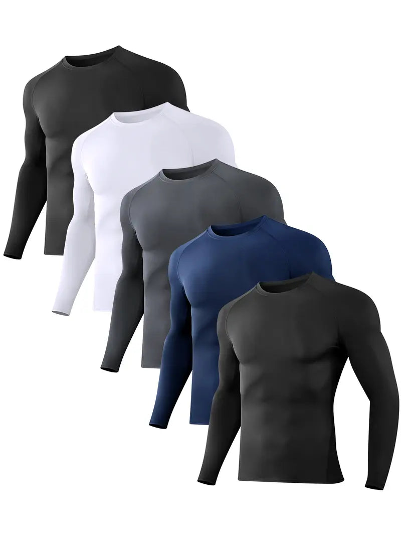Men's 5-Piece Slim-Fit Long-Sleeve Compression Sports Shirt Set for Fitness and Daily Wear