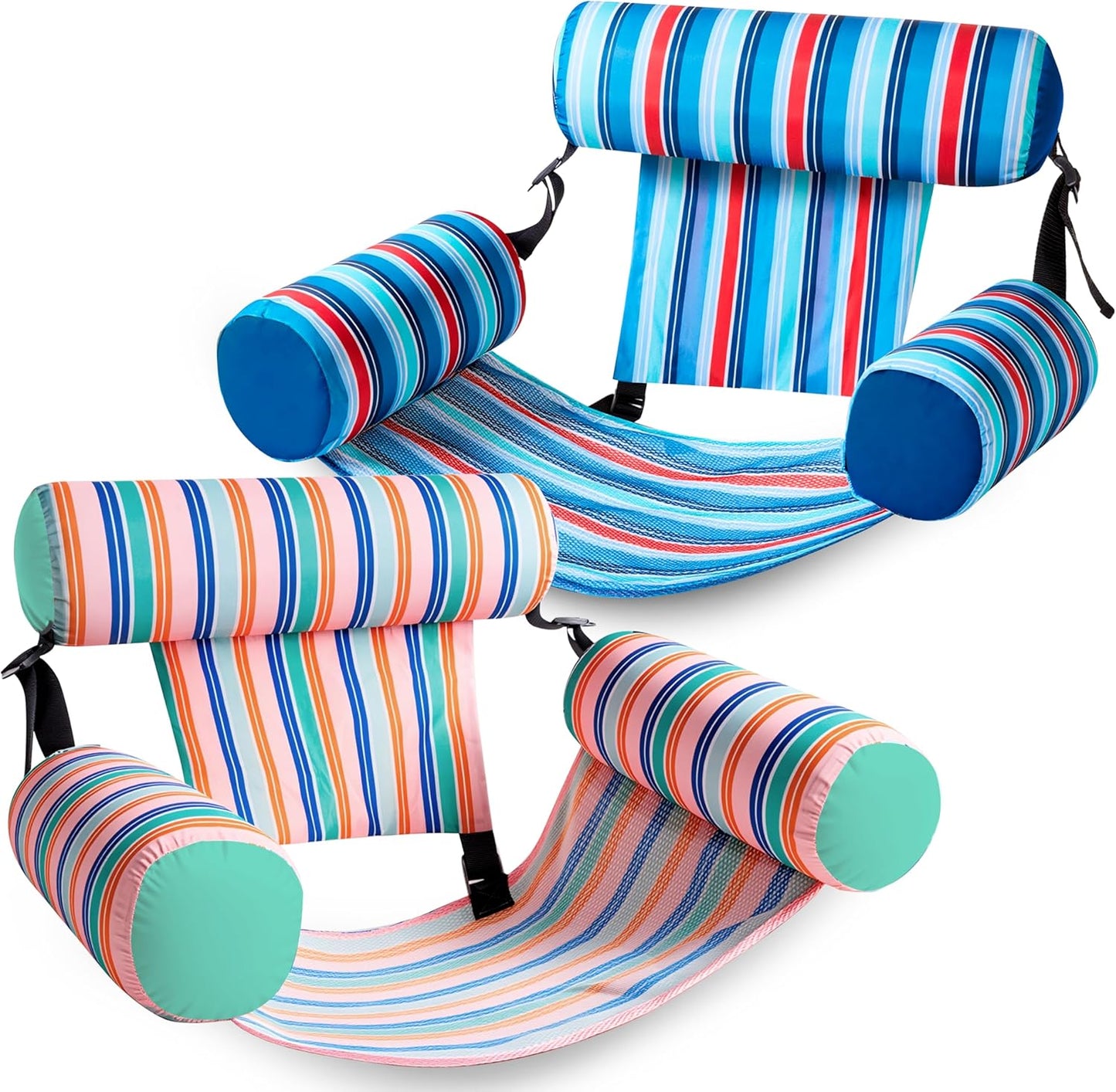 2-Pack Inflatable Pool Float Chairs, Fabric Covered Floating Lounge with Mesh Sling