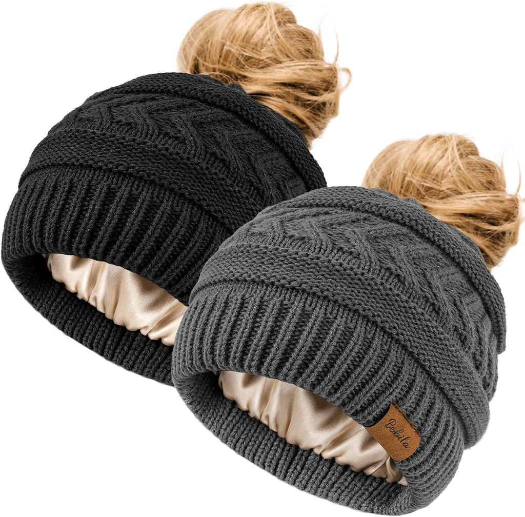 2Pcs Women's Ponytail Beanie, Satin Lined Winter Hat for Outdoor Activities