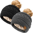 2Pcs Women's Ponytail Beanie, Satin Lined Winter Hat for Outdoor Activities