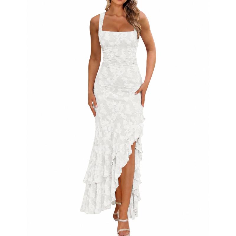 Chic Floral Embroidery Mermaid Maxi Dress - Sexy Square Neck Ruched Bodycon Gown