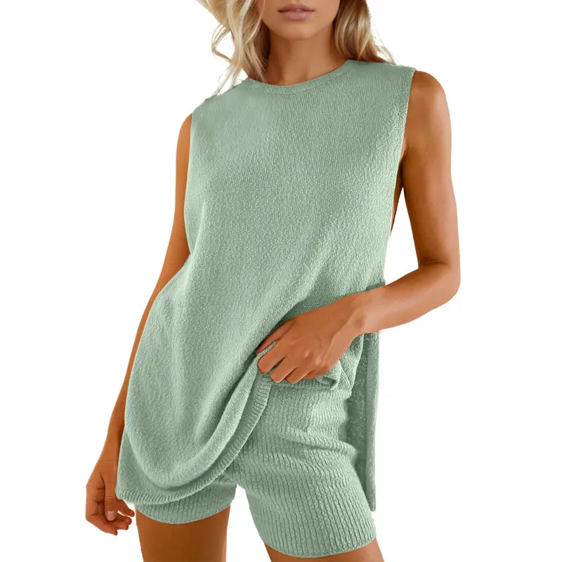 Women's 2 Piece Summer Knit Sweater Set - Sleeveless Tunic Top and Matching Shorts