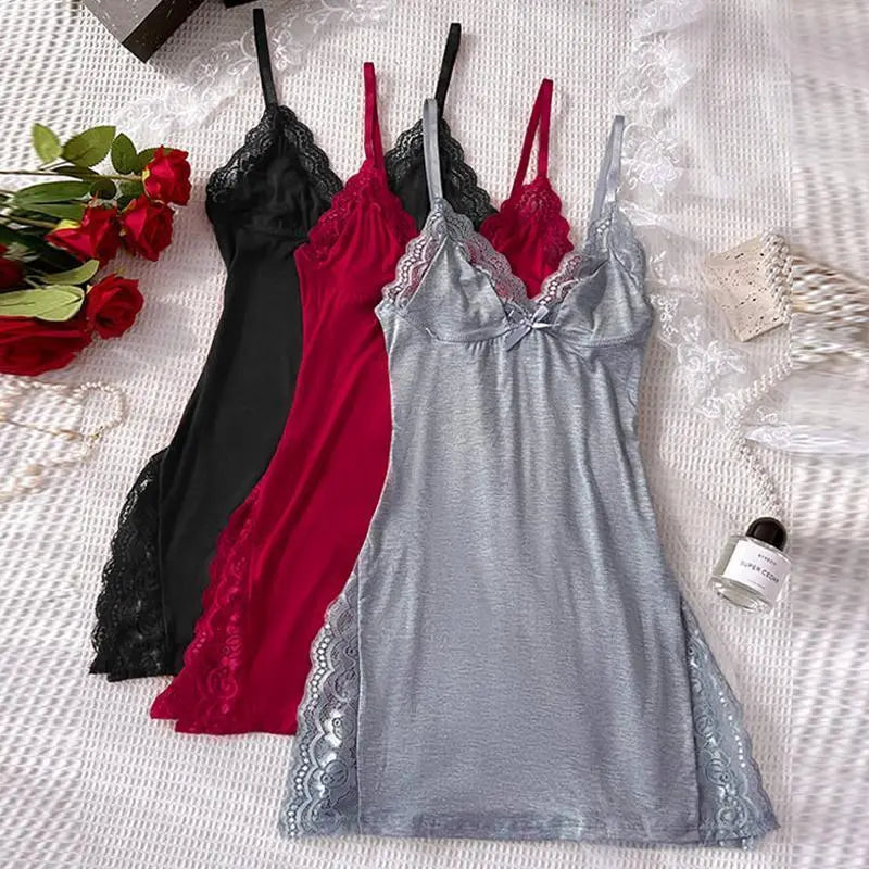 Women's Lace Trim Side Slit Modal Cami Sleep Dress - Lightweight Soft Nightwear