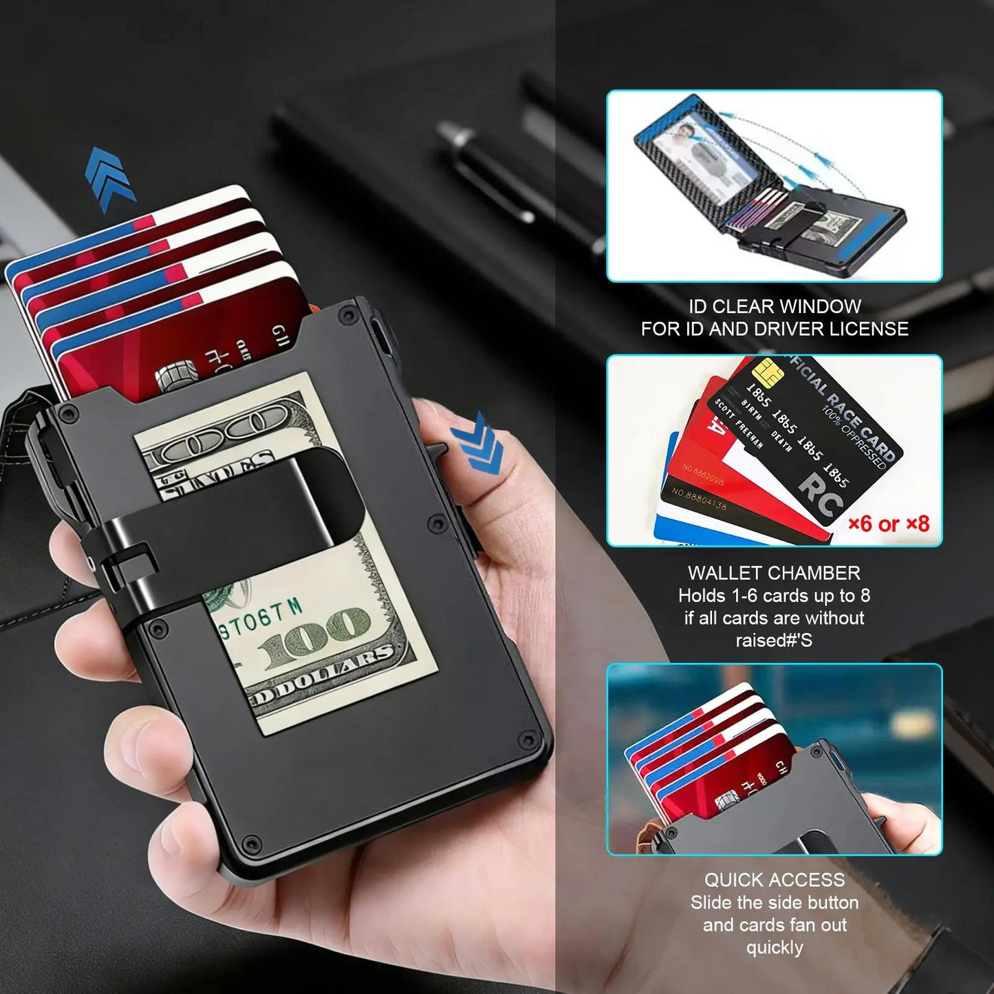 Premium Full-Grain Leather Slim Wallet with Money Clip, RFID-Blocking Aluminum Pop-Up Card Holder
