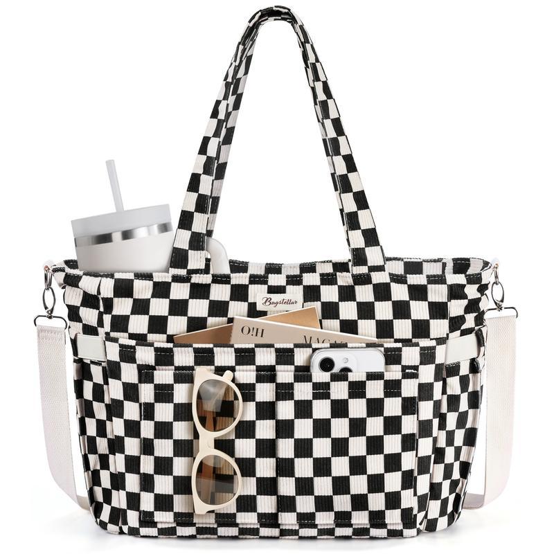 Corduroy Tote Bag for Women, 15.6 inch Laptop Work Bag with Large Cup Holder