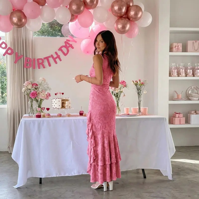 Chic Floral Embroidery Mermaid Maxi Dress - Sexy Square Neck Ruched Bodycon Gown