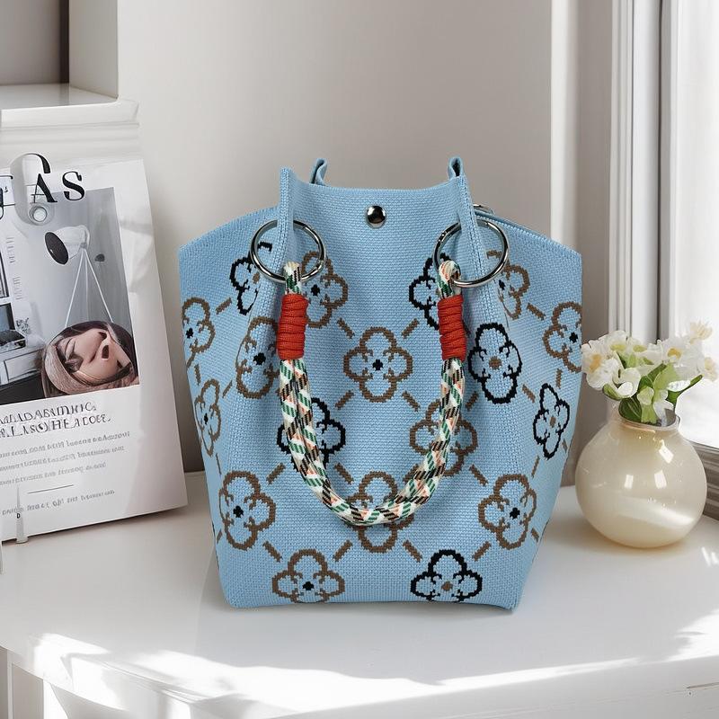 Boho Woven Polyester Bucket Bag, Handmade Knitted Crochet Shoulder Bag for Travel and Beach