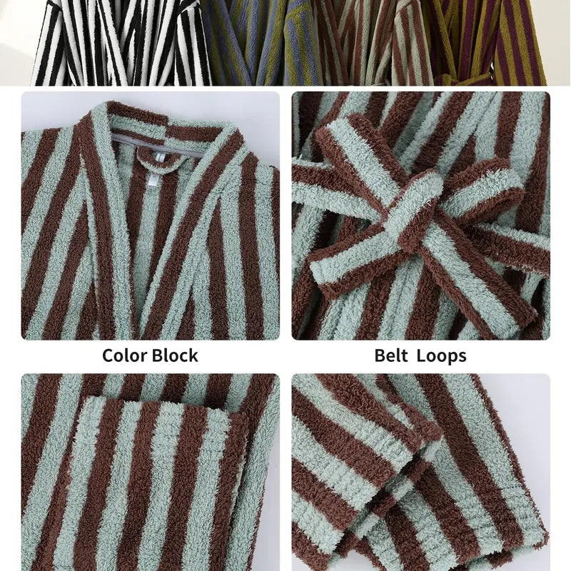 Womens Striped Fluffy Robe - Long Plush Bathrobe, Fuzzy Warm Cozy Thick Maxi Loungewear