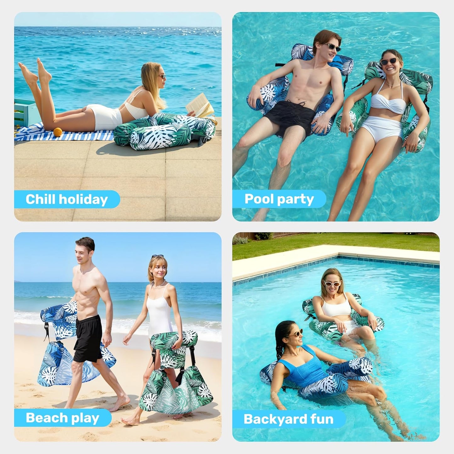 2-Pack Inflatable Pool Float Chairs, Fabric Covered Floating Lounge with Mesh Sling