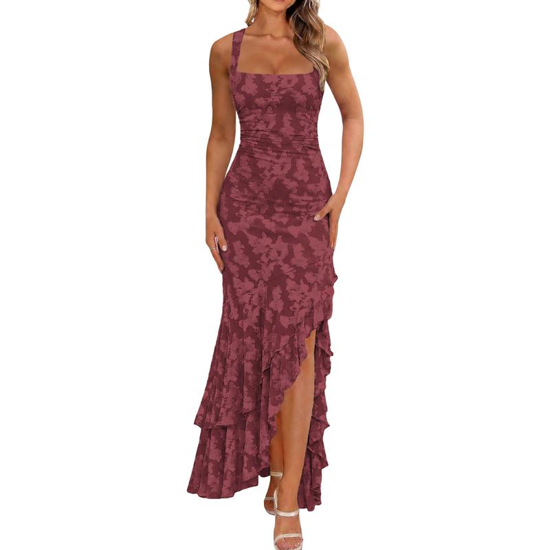 Chic Floral Embroidery Mermaid Maxi Dress - Sexy Square Neck Ruched Bodycon Gown