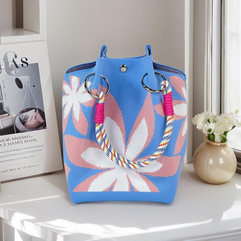 Boho Woven Polyester Bucket Bag, Handmade Knitted Crochet Shoulder Bag for Travel and Beach
