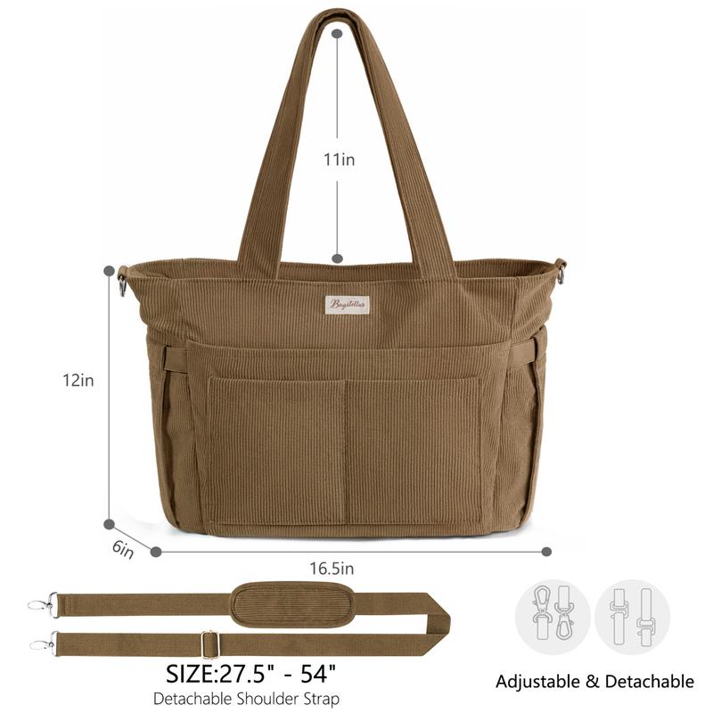 Corduroy Tote Bag for Women, 15.6 inch Laptop Work Bag with Large Cup Holder