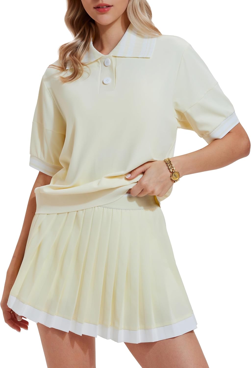 AFZ Women Tennis Skirt Set Color-Block Ribbed Tennis Shirt Athletic Dress Golf Skorts for Pickleball Pockets