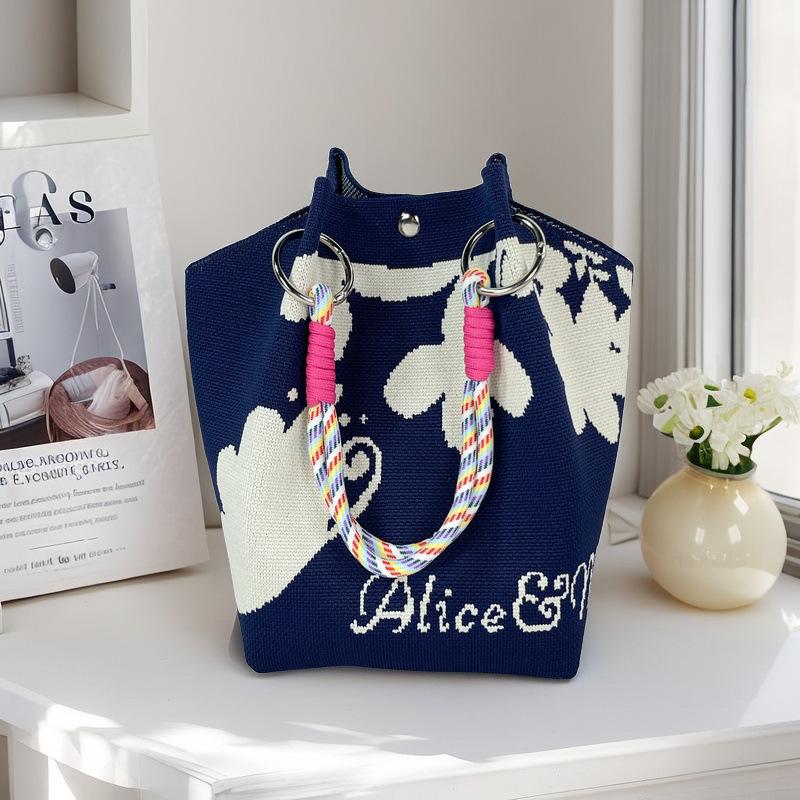 Boho Woven Polyester Bucket Bag, Handmade Knitted Crochet Shoulder Bag for Travel and Beach