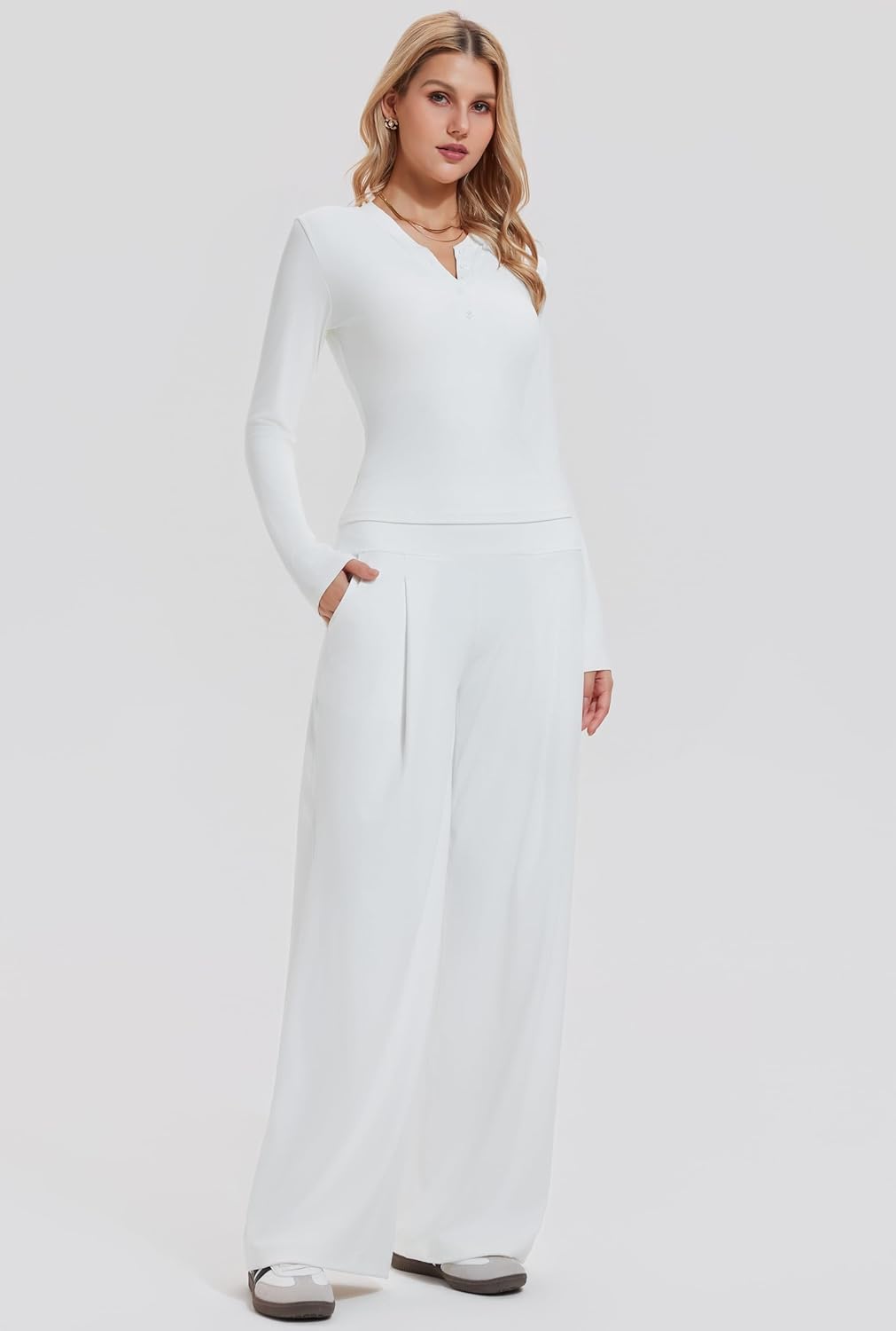 Mudere 2 Piece Matching Lounge Sets for Women Long Sleeve Henley Top with High Waist Wide Leg Pants Travel Casual Outfits