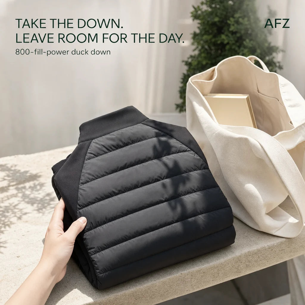 AFZ FeatherLight 800 — folded jacket beside an everyday tote