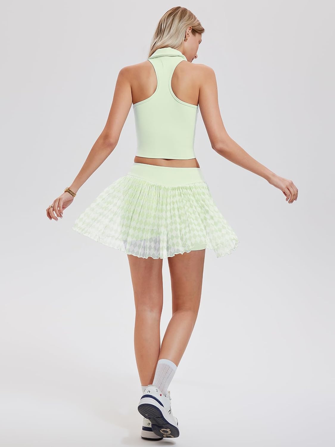 Women's 2 Piece Tennis Skirt Set Flowy Mesh Pleated Mini Skirt with 4 Pockets & Full Zip Up Crop Top