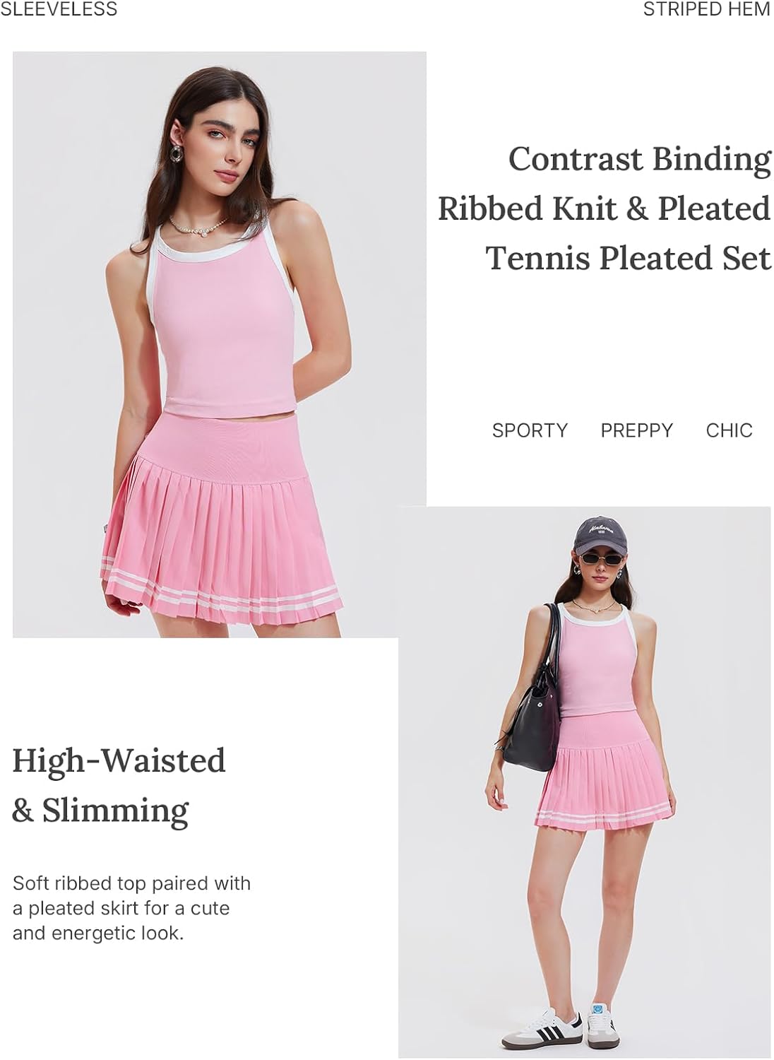 Women's 2 Piece Tennis Skirt Set - Racerback Tank Top and High Waisted Athletic Skort for Golf