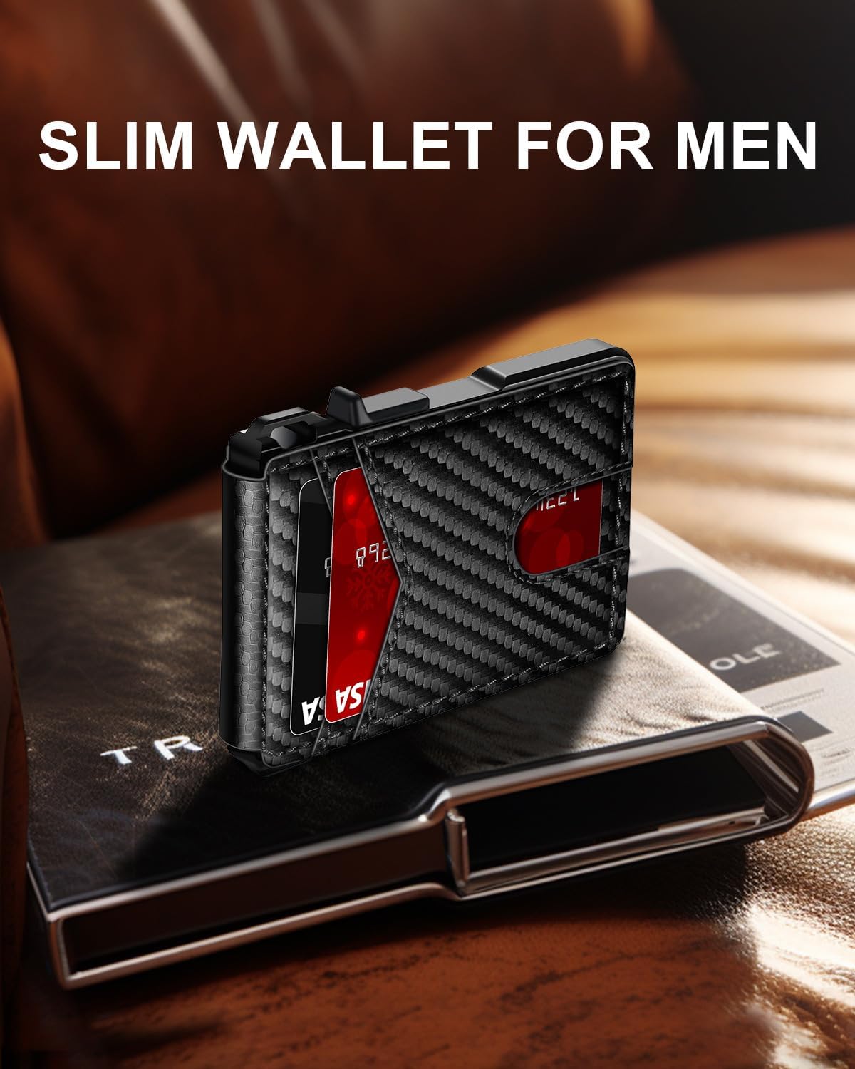 Minimalist Slim Wallet for Men - RFID Blocking Pop Up Card Holder with Money Clip & ID Window