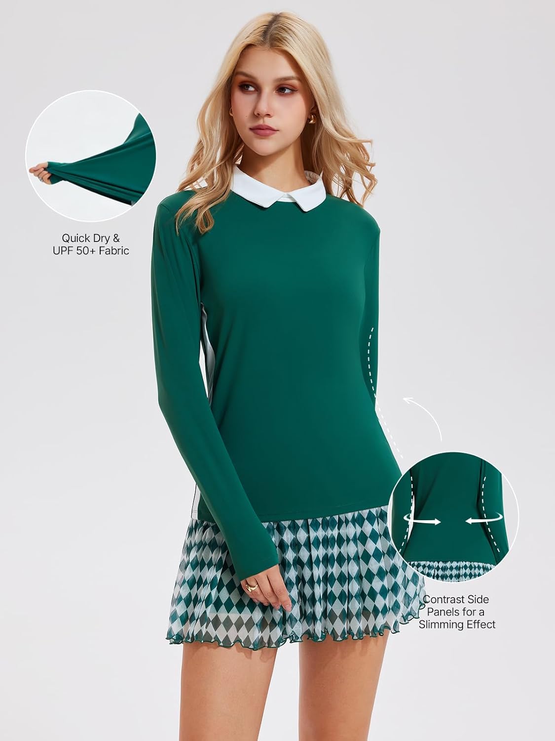 Women's 2 Piece Tennis Skirt Set - Long Sleeve Color Block Top & Pleated Skort