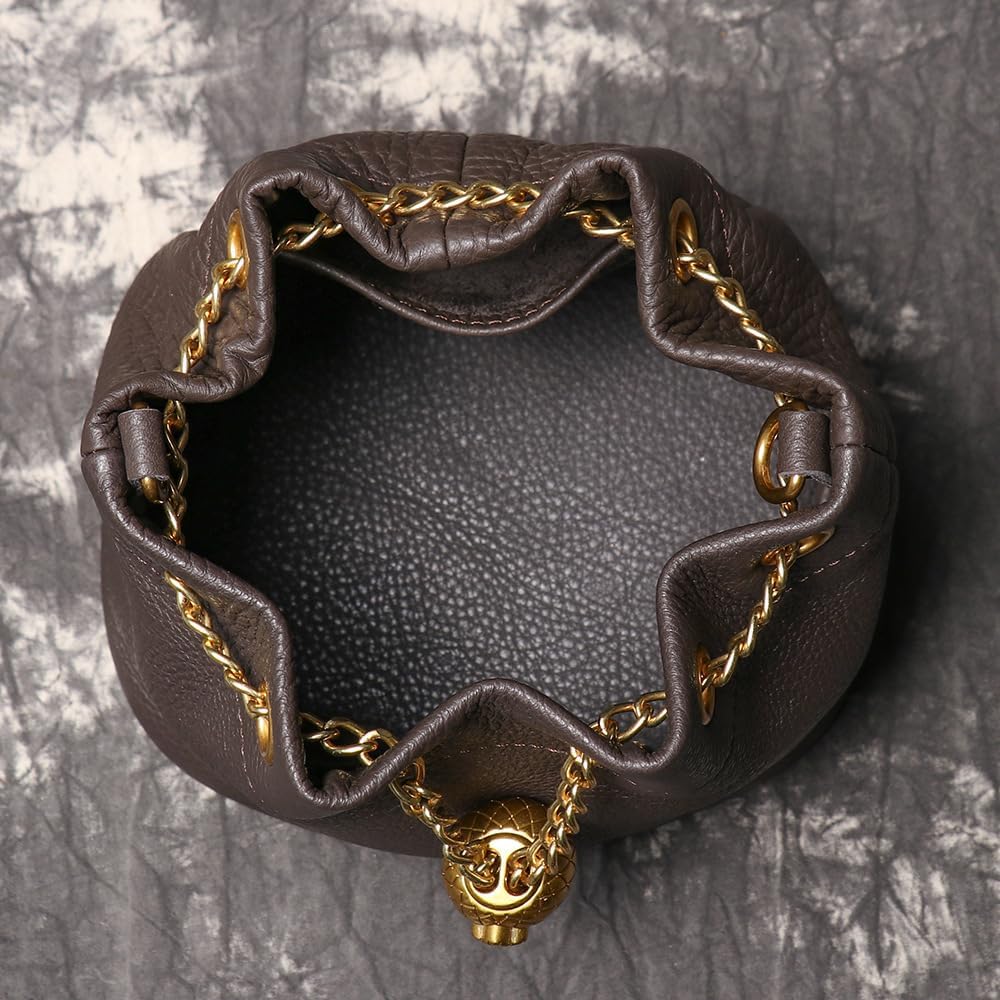 Genuine Leather Bucket Bag with Gold-Tone Chain Strap and Quilted Detail