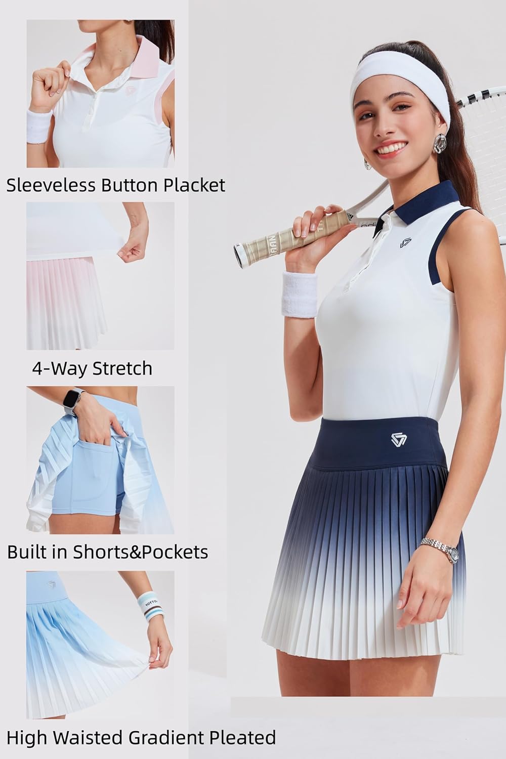 AFZ Women's Two Piece Tennis Skirt Sets Polo Sleeveless Ombre Pleated Pickleball Golf Outfits with Shorts and Pockets