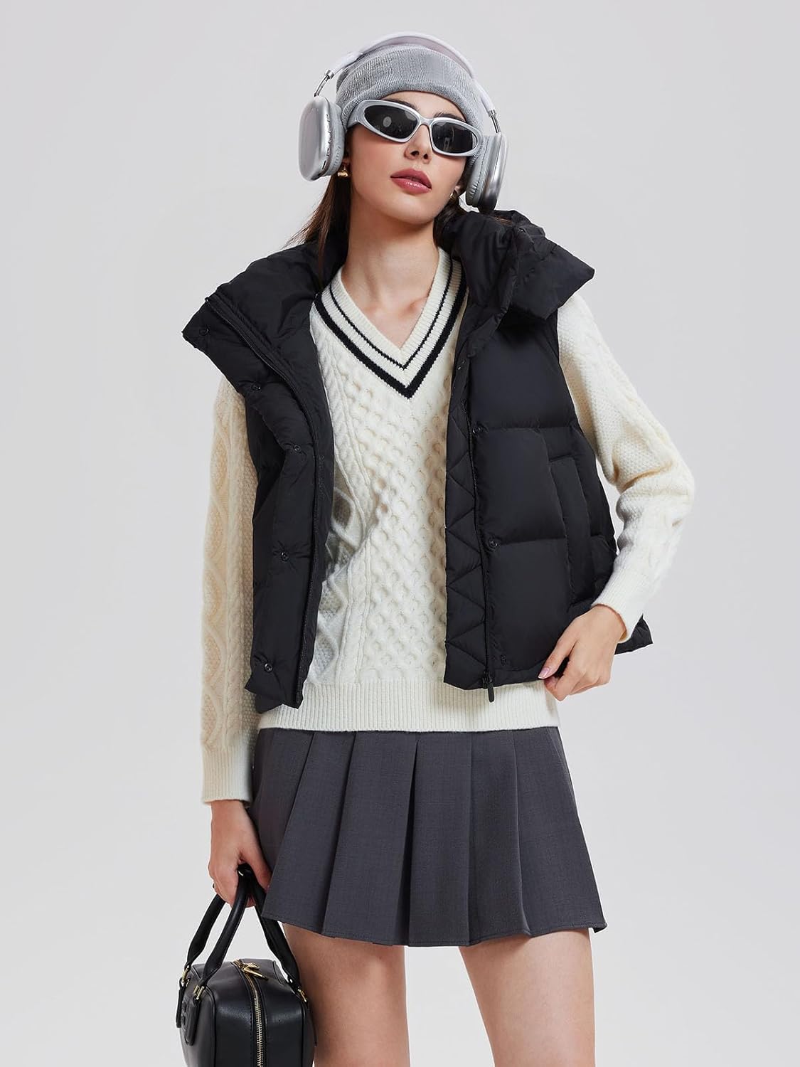 Airfree Women Cropped Puffer Vest 800 Fill Lightweight Goose Down Jacket Sleeveless Winter Coats with Removable Hood