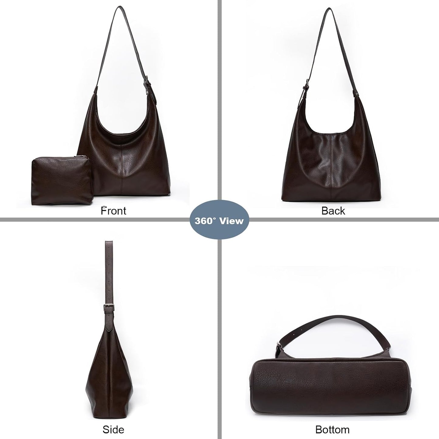 Hobo Bag for Women, Vegan Leather Slouchy Shoulder Tote with Matching Pouch