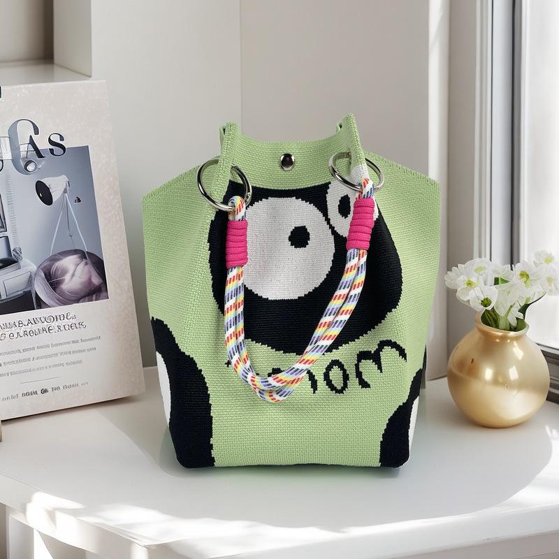 Boho Woven Polyester Bucket Bag, Handmade Knitted Crochet Shoulder Bag for Travel and Beach