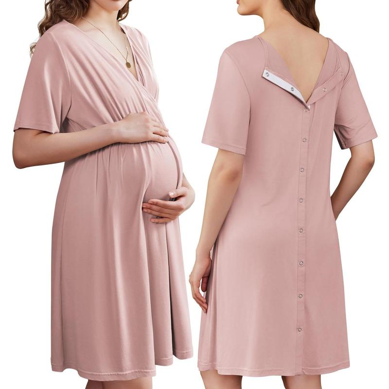 Women's Maternity Dress - Stretchy V-Neck Nursing Gown with Skin-to-Skin Access