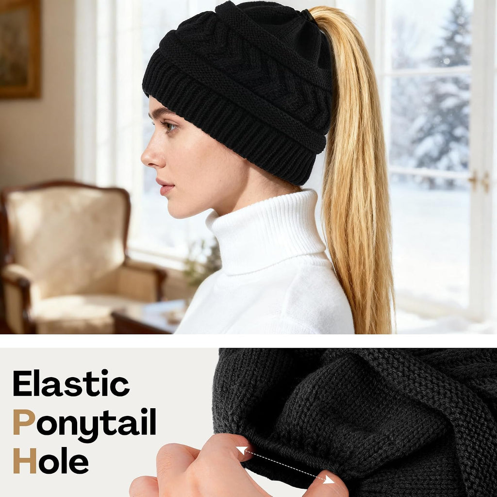 2Pcs Women's Ponytail Beanie, Satin Lined Winter Hat for Outdoor Activities