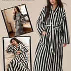 Womens Striped Fluffy Robe - Long Plush Bathrobe, Fuzzy Warm Cozy Thick Maxi Loungewear