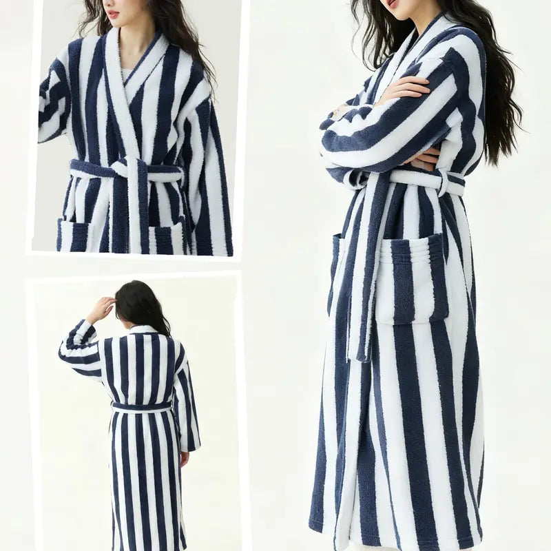 Womens Striped Fluffy Robe - Long Plush Bathrobe, Fuzzy Warm Cozy Thick Maxi Loungewear