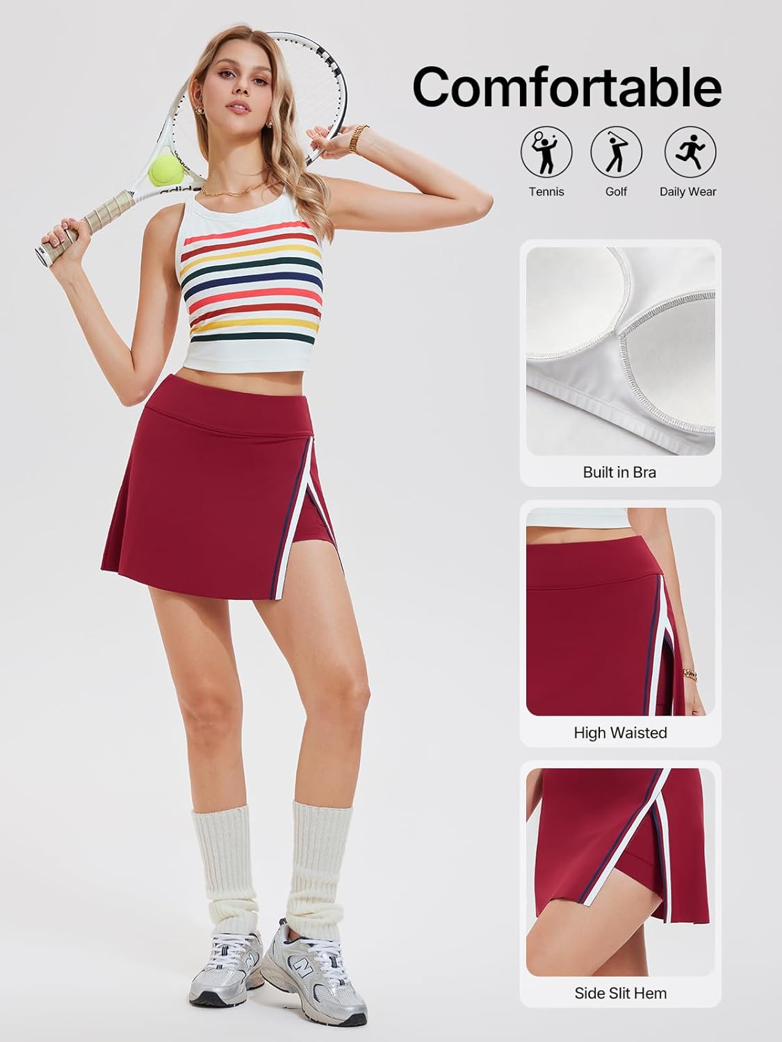 Women's 2 Piece Tennis Skirt Set - Side Slit Skort with 4 Pockets & Padded Racerback Crop Top