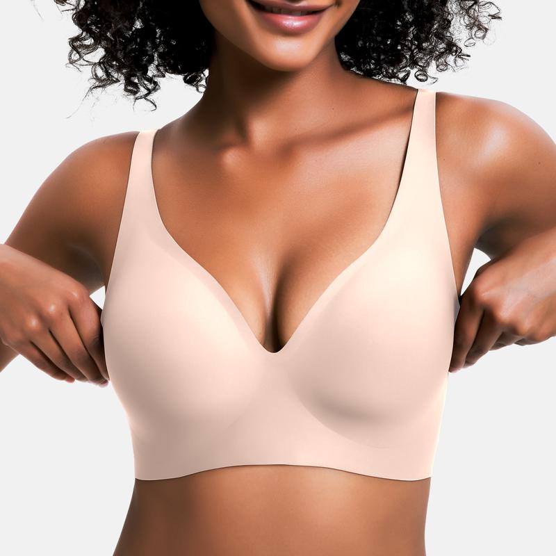 Womens Comfortable Wireless Push Up Bralette - Seamless Deep V Everyday T-Shirt Bra