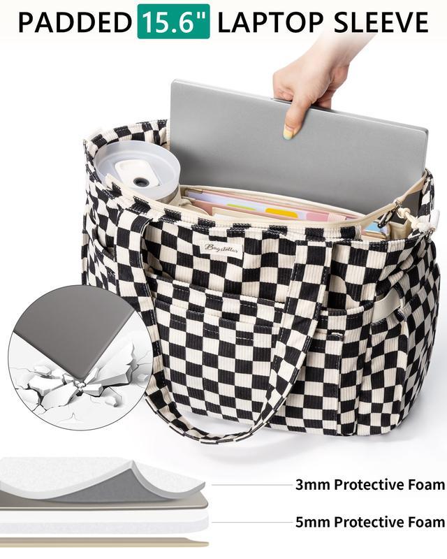 Corduroy Tote Bag for Women, 15.6 inch Laptop Work Bag with Large Cup Holder