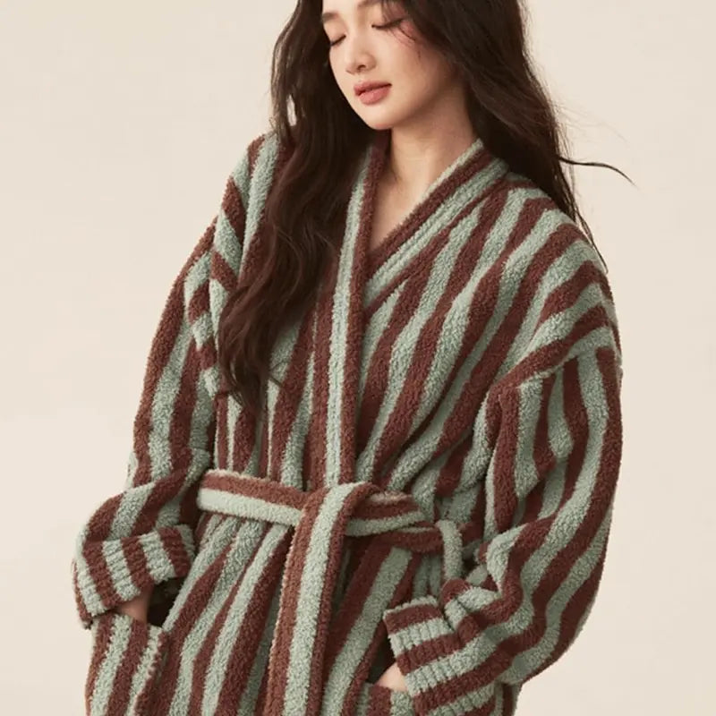 Womens Striped Fluffy Robe - Long Plush Bathrobe, Fuzzy Warm Cozy Thick Maxi Loungewear