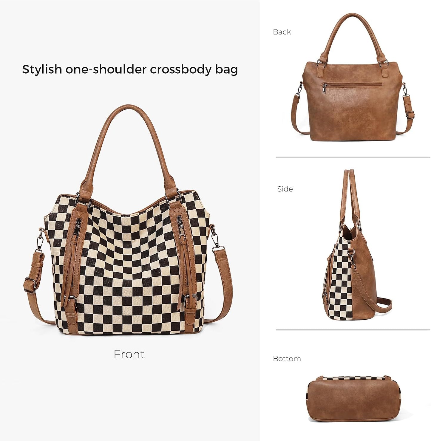 Checkered Tote Bag Large Plaid Hobo Shoulder Bag for Women with Multiple Pockets