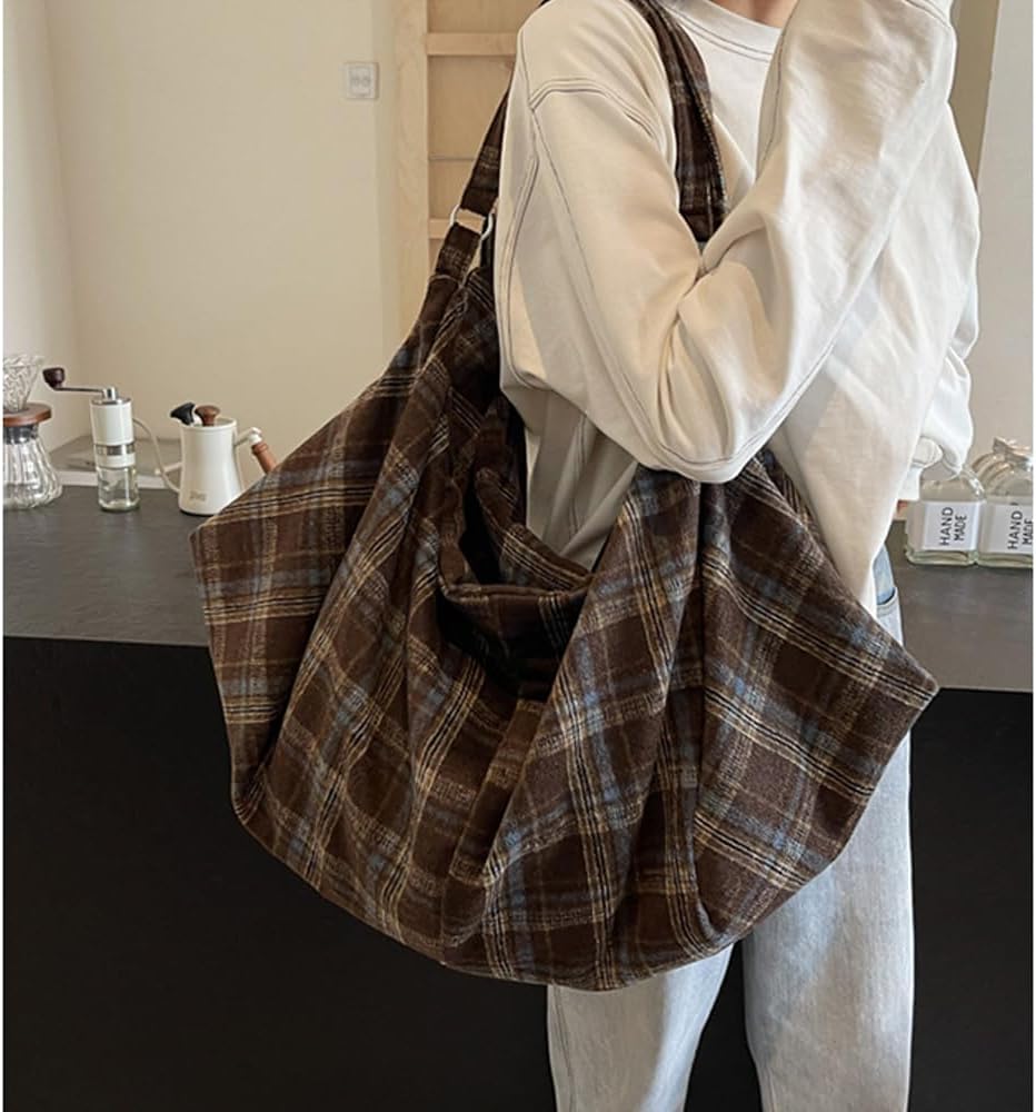 Plaid Tote Bag for Women Large Hobo Shoulder Bag Lightweight Slouchy Handbag for Work Travel