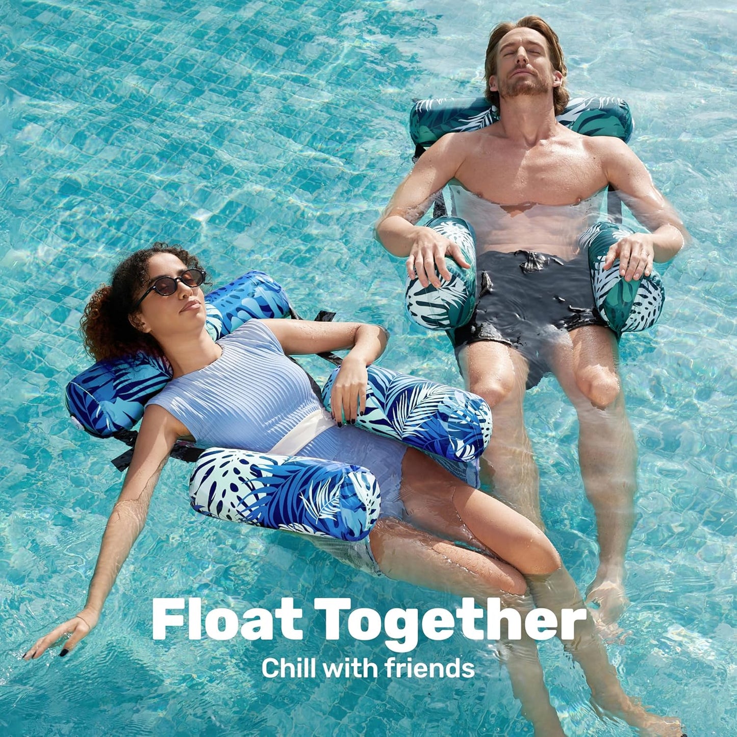 2-Pack Inflatable Pool Float Chairs, Fabric Covered Floating Lounge with Mesh Sling