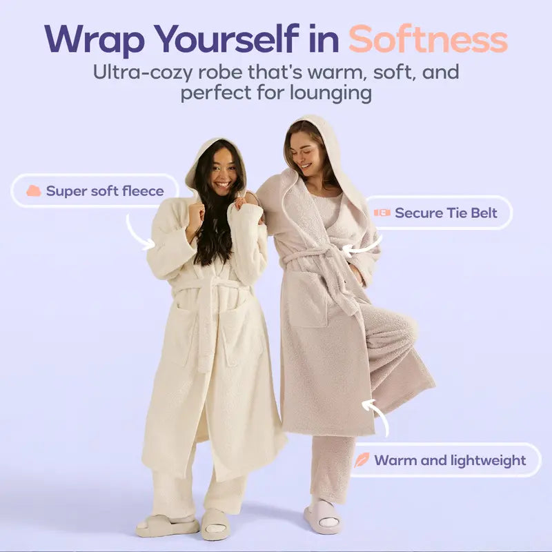 Double Sided Plush Fleece Hooded Robe - Ultra Soft Cloud-Like Bathrobe and Loungewear