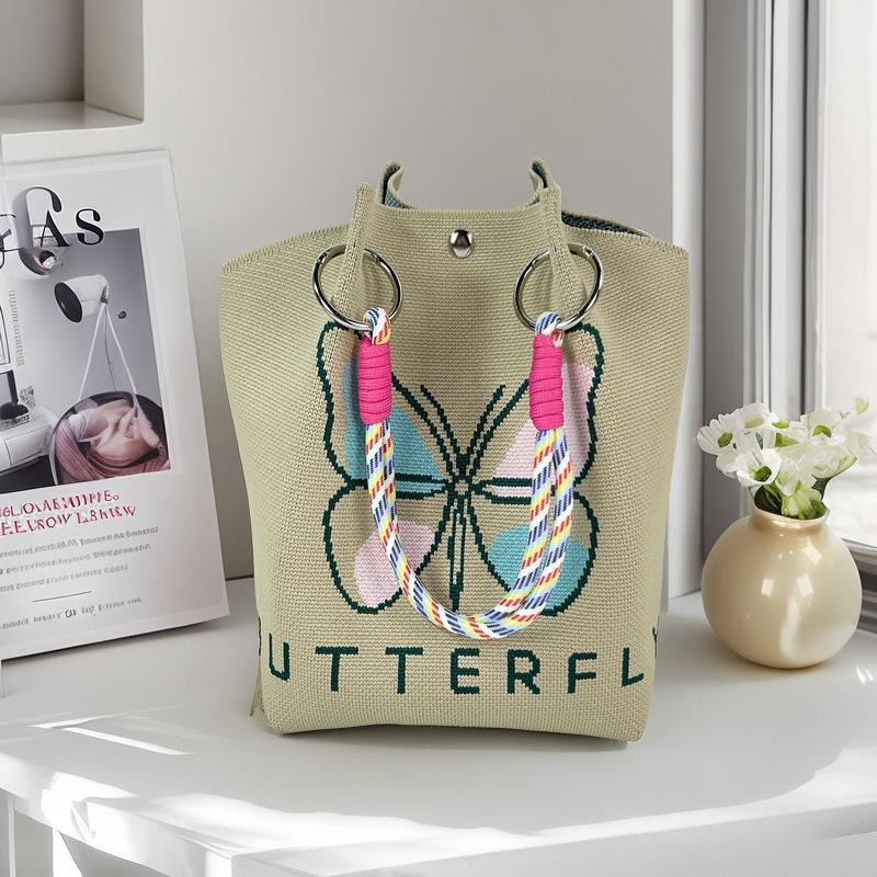 Boho Woven Polyester Bucket Bag, Handmade Knitted Crochet Shoulder Bag for Travel and Beach