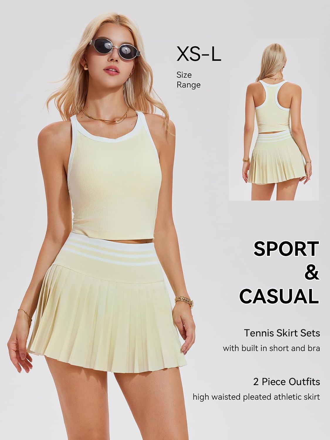 Airfree Two Piece Tennis Skirt Set Golf Outfits for Women High Waisted Tennis Short Dress with Pockets Athletic 2 Piece Sets