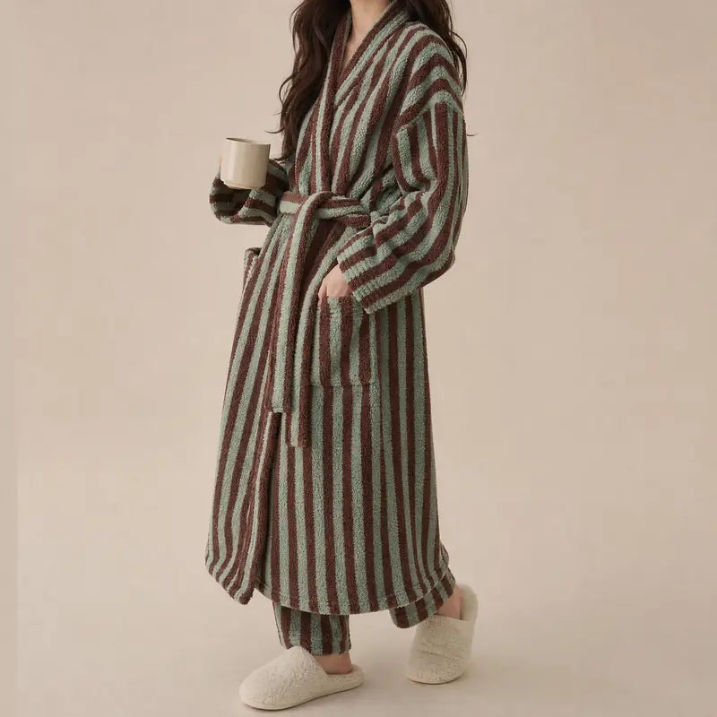 Womens Striped Fluffy Robe - Long Plush Bathrobe, Fuzzy Warm Cozy Thick Maxi Loungewear