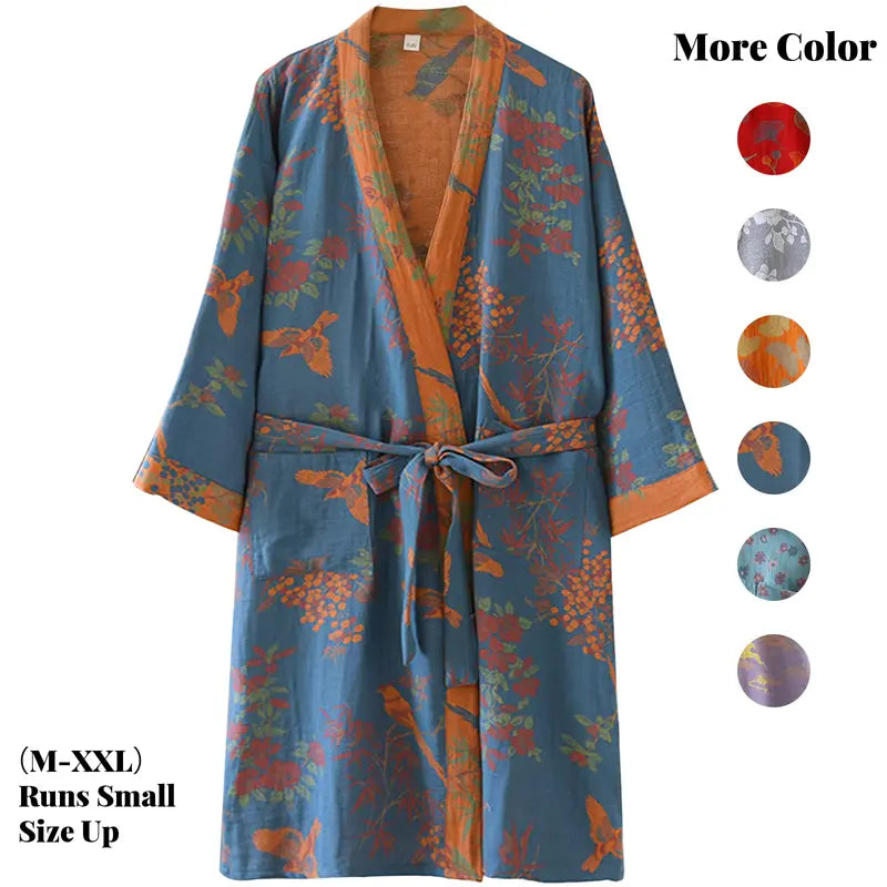 Women's Cotton Gauze Jacquard Loose-Fit Knee-Length Japanese Yukata Lightweight Bathrobe