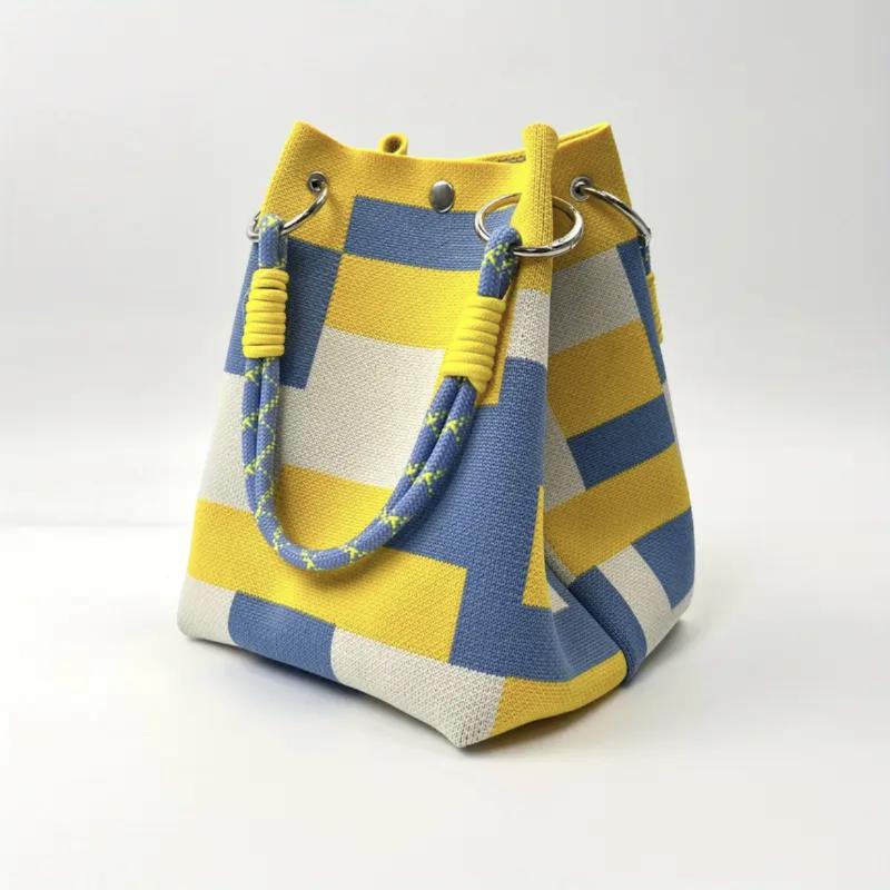 Boho Woven Polyester Bucket Bag, Handmade Knitted Crochet Shoulder Bag for Travel and Beach