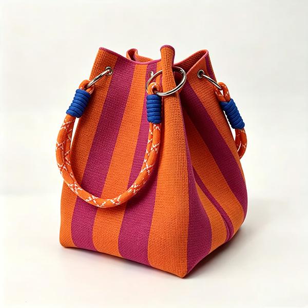 Boho Woven Polyester Bucket Bag, Handmade Knitted Crochet Shoulder Bag for Travel and Beach